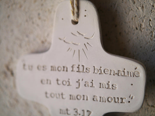 gift to offer for a baptism, cross inscribed with the Word (Bible), prayer corner, first communion, confirmation, customizable