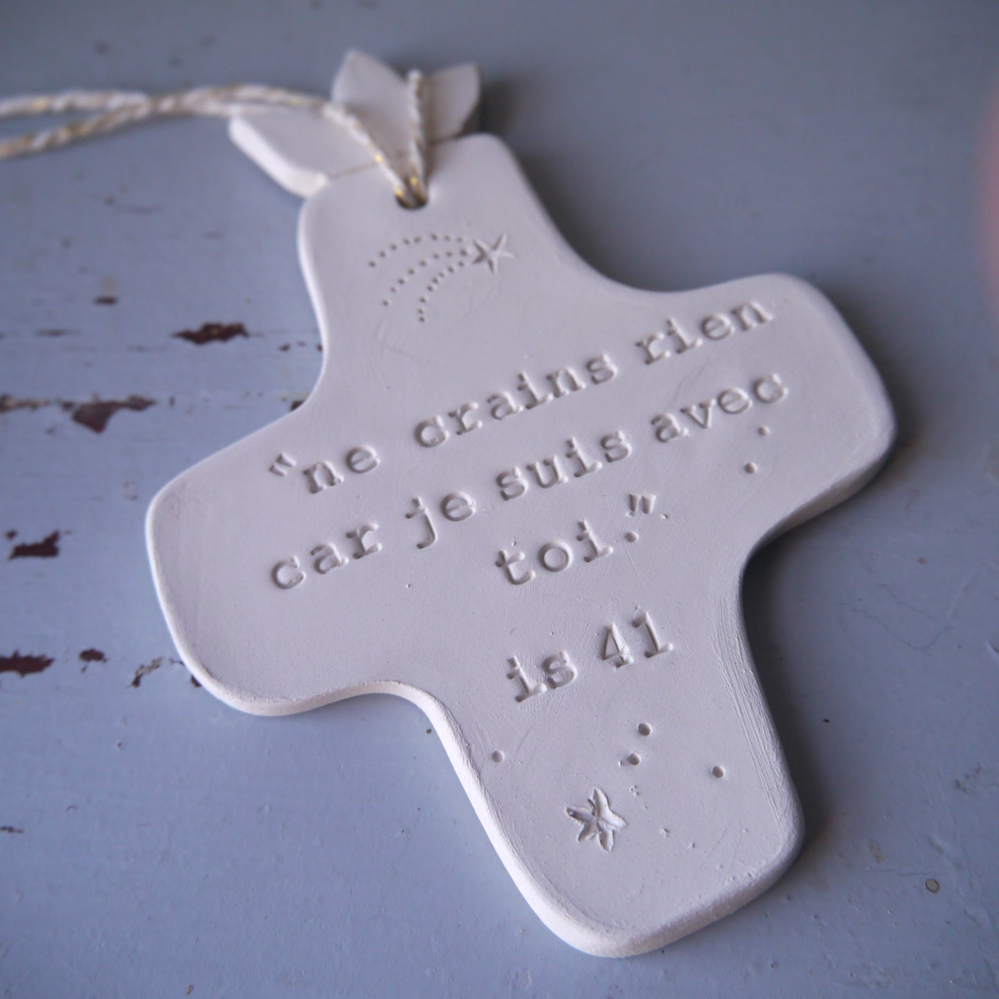 Christian ceramic wall cross, inscribed with the Word (Bible, Psalm, Gospel), prayer corner, baptism gift, communion, confirmation