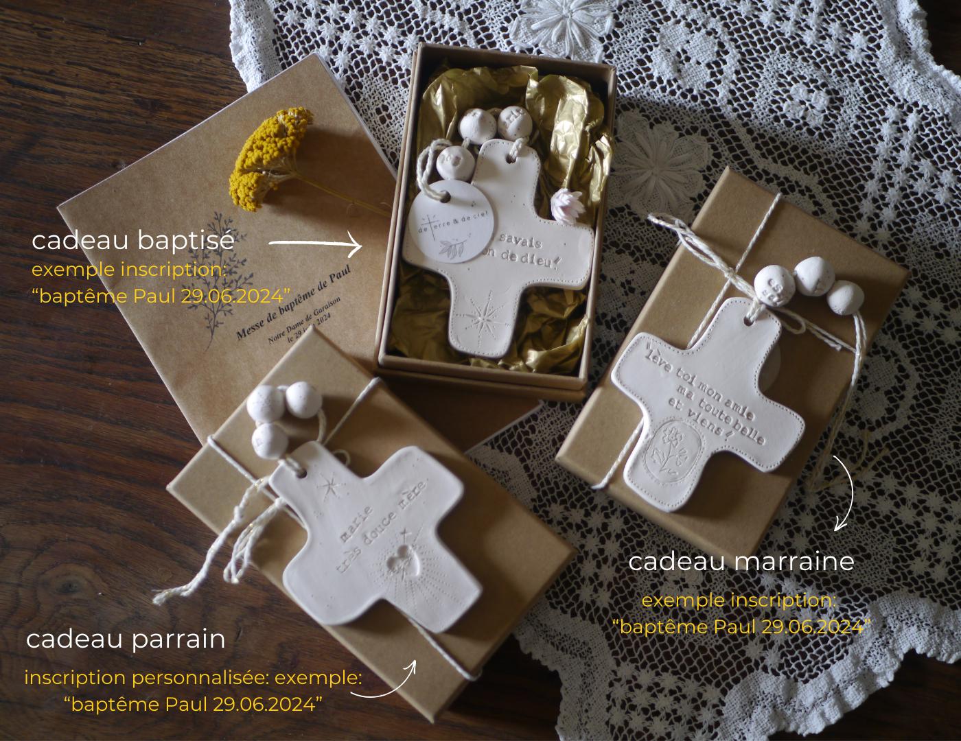 3 Baptism trio gift boxes: ceramic wall crosses for godchild, godfather, and godmother