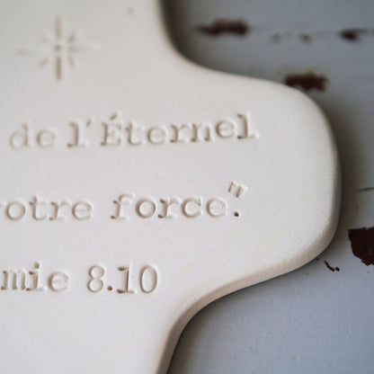 Christian ceramic wall cross, inscribed with the Word (Bible, Psalm, Gospel), prayer corner, baptism gift, communion, confirmation