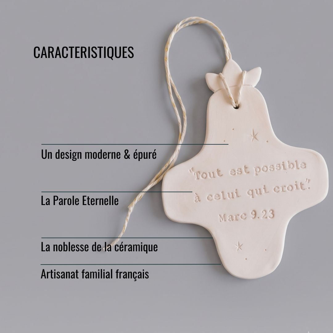 Christian ceramic wall cross, inscribed with the Word (Bible, Psalm, Gospel), prayer corner, baptism gift, communion, confirmation