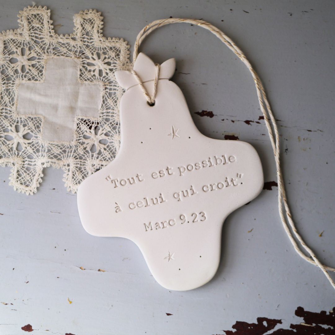 Christian ceramic wall cross, inscribed with the Word (Bible, Psalm, Gospel), prayer corner, baptism gift, communion, confirmation