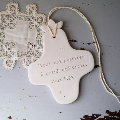 Christian ceramic wall cross, inscribed with the Word (Bible, Psalm, Gospel), prayer corner, baptism gift, communion, confirmation