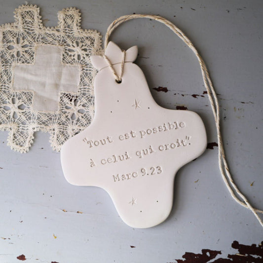 Christian ceramic wall cross, inscribed with the Word (Bible, Psalm, Gospel), prayer corner, baptism gift, communion, confirmation