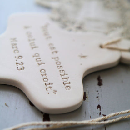 Christian ceramic wall cross, inscribed with the Word (Bible, Psalm, Gospel), prayer corner, baptism gift, communion, confirmation