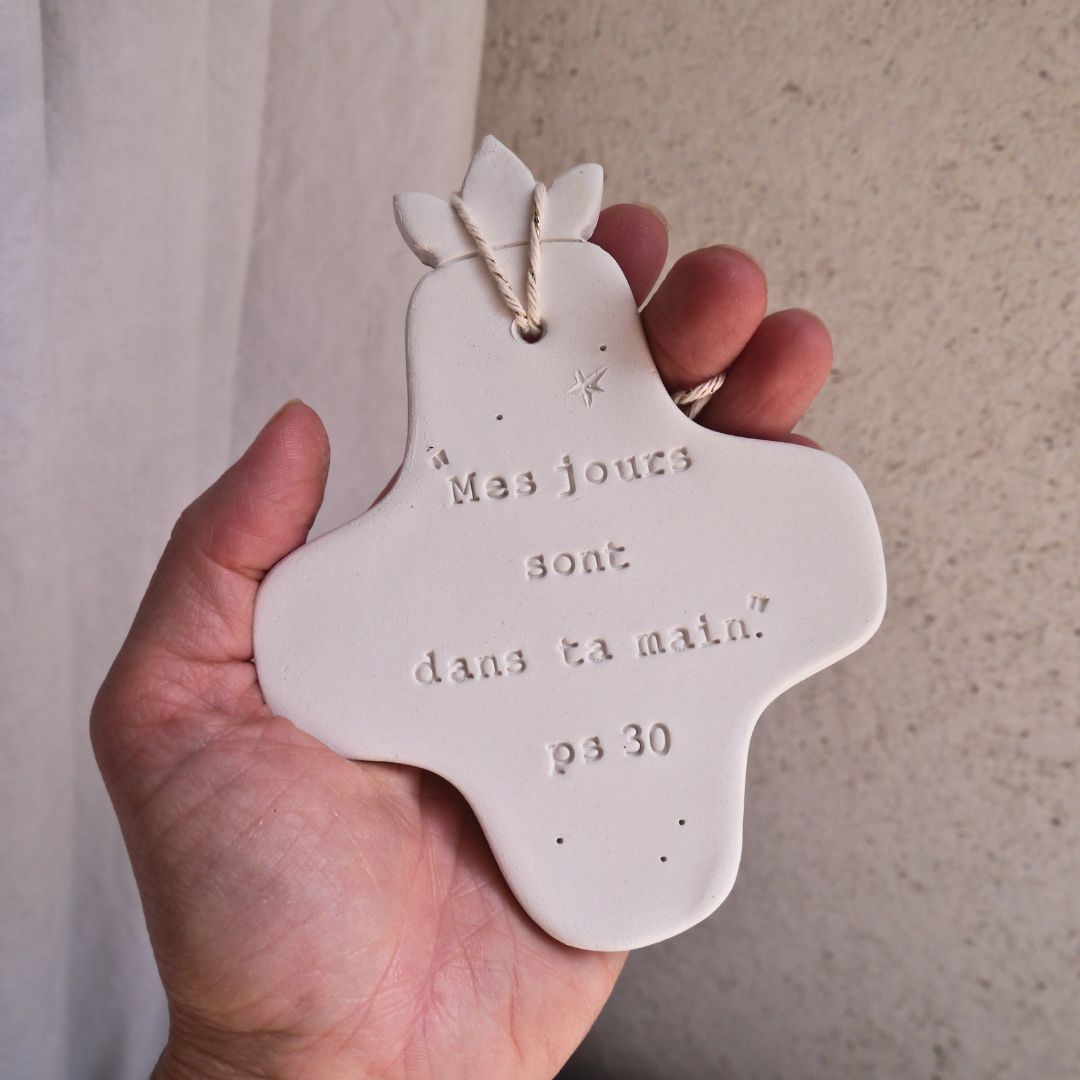 Christian ceramic wall cross, inscribed with the Word (Bible, Psalm, Gospel), prayer corner, baptism gift, communion, confirmation