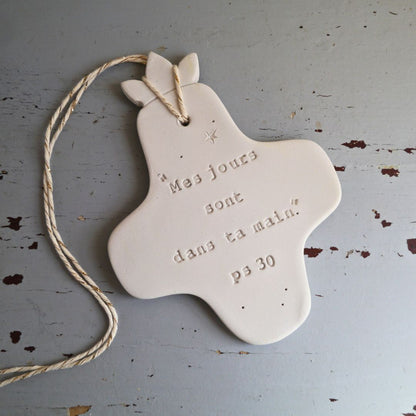Christian ceramic wall cross, inscribed with the Word (Bible, Psalm, Gospel), prayer corner, baptism gift, communion, confirmation