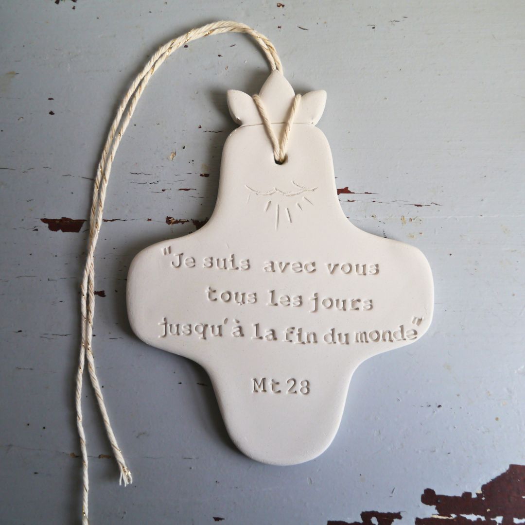 Christian ceramic wall cross, inscribed with the Word (Bible, Psalm, Gospel), prayer corner, baptism gift, communion, confirmation