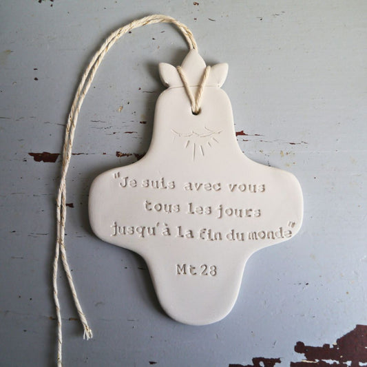 Christian ceramic wall cross, inscribed with the Word (Bible, Psalm, Gospel), prayer corner, baptism gift, communion, confirmation