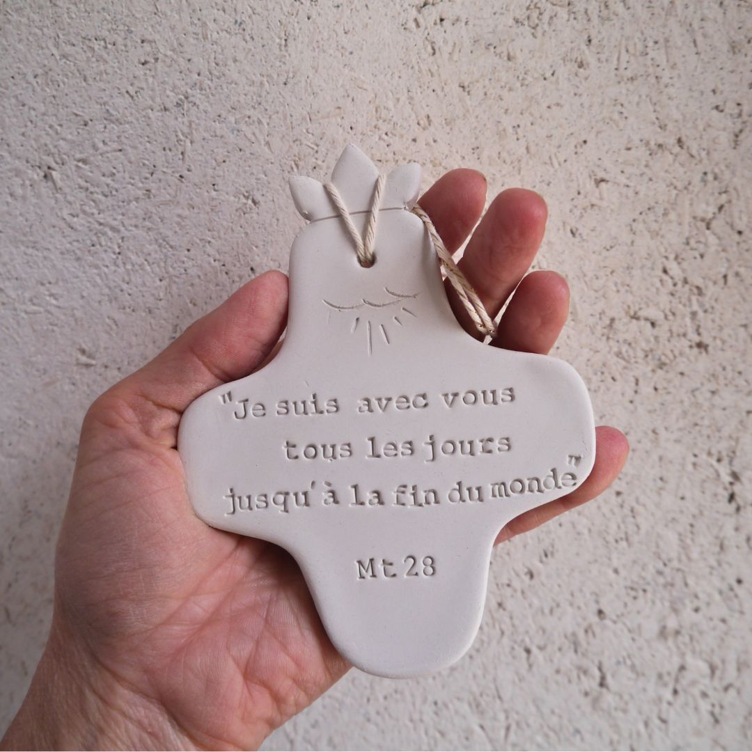 Christian ceramic wall cross, inscribed with the Word (Bible, Psalm, Gospel), prayer corner, baptism gift, communion, confirmation