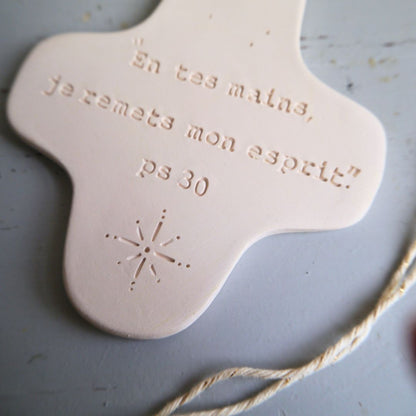 Christian ceramic wall cross, inscribed with the Word (Bible, Psalm, Gospel), prayer corner, baptism gift, communion, confirmation