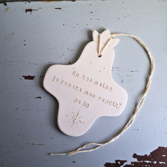 Christian ceramic wall cross, inscribed with the Word (Bible, Psalm, Gospel), prayer corner, baptism gift, communion, confirmation