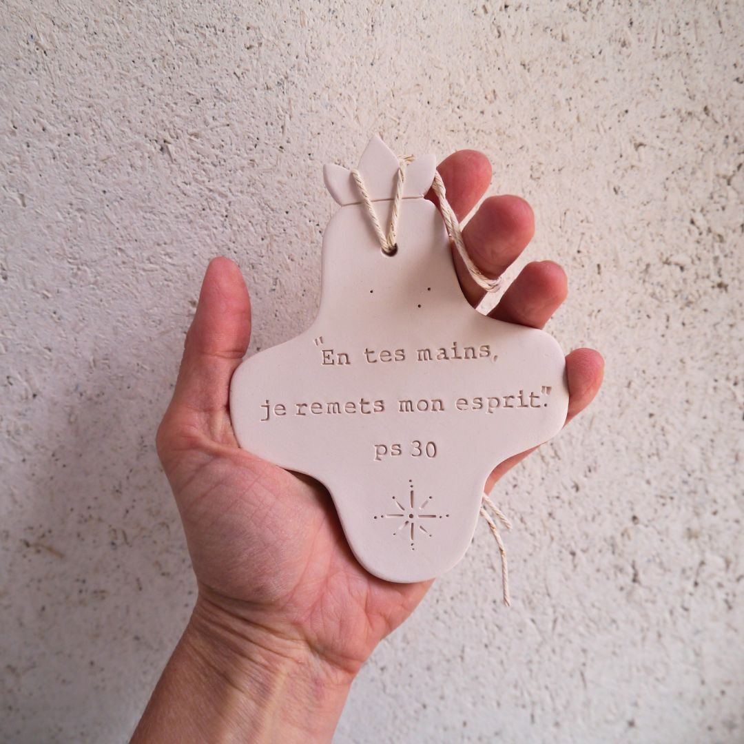 Christian ceramic wall cross, inscribed with the Word (Bible, Psalm, Gospel), prayer corner, baptism gift, communion, confirmation