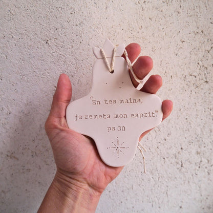 Christian ceramic wall cross, inscribed with the Word (Bible, Psalm, Gospel), prayer corner, baptism gift, communion, confirmation