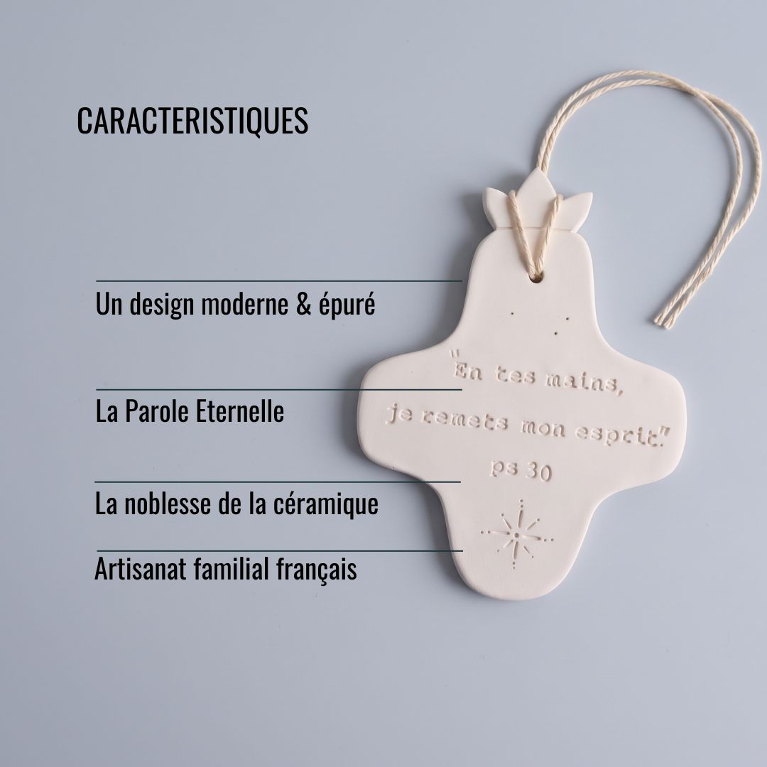 Christian ceramic wall cross, inscribed with the Word (Bible, Psalm, Gospel), prayer corner, baptism gift, communion, confirmation