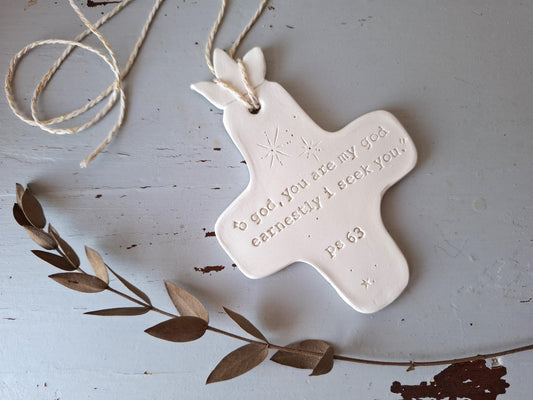 ceramic wall cross, to hang, prayer corner, baptism gift, communion, confirmation, engraved with the gospel, psalm, bible, Christian