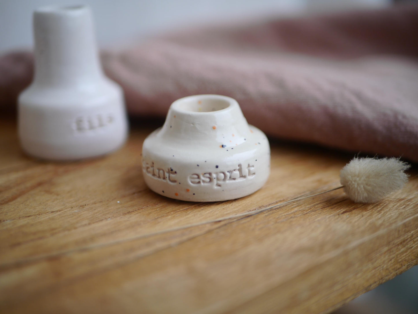 TRIO OF SACRED CANDLE HOLDERS, engraved with "father", "son", "holy spirit".