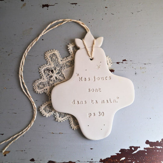 Christian ceramic wall cross, inscribed with the Word (Bible, Psalm, Gospel), prayer corner, baptism gift, communion, confirmation