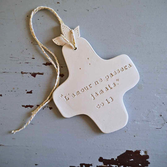 Christian ceramic wall cross, inscribed with the Word (Bible, Psalm, Gospel), prayer corner, baptism gift, communion, confirmation