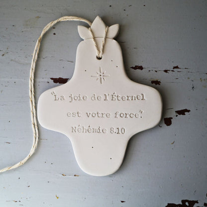Christian ceramic wall cross, inscribed with the Word (Bible, Psalm, Gospel), prayer corner, baptism gift, communion, confirmation
