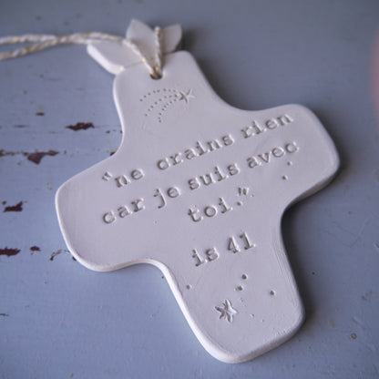 Christian ceramic wall cross, inscribed with the Word (Bible, Psalm, Gospel), prayer corner, baptism gift, communion, confirmation