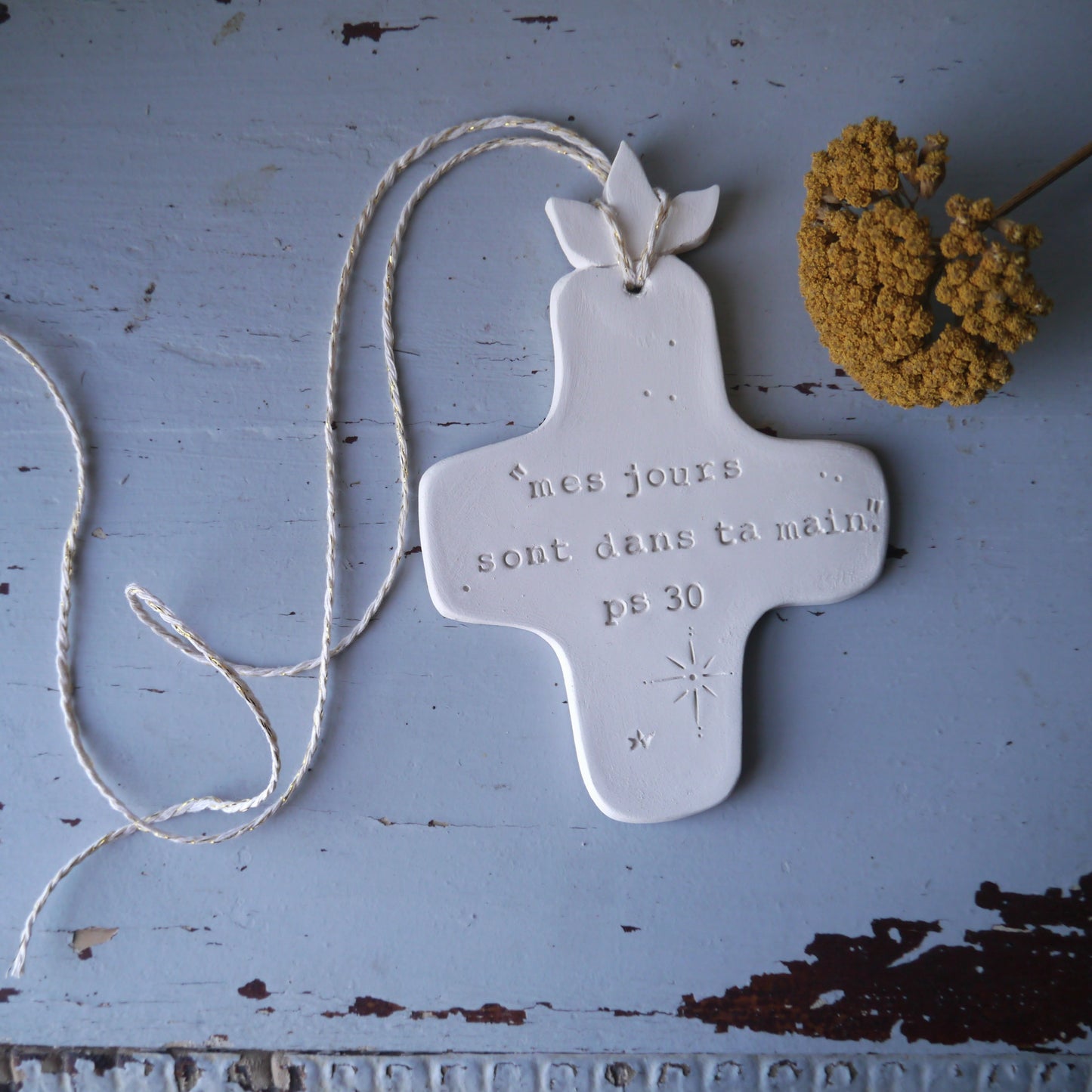 Christian ceramic wall cross, inscribed with the Word (Bible, Psalm, Gospel), prayer corner, baptism gift, communion, confirmation