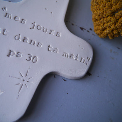 Christian ceramic wall cross, inscribed with the Word (Bible, Psalm, Gospel), prayer corner, baptism gift, communion, confirmation