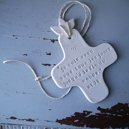 Christian ceramic wall cross, inscribed with the Word (Bible, Psalm, Gospel), prayer corner, baptism gift, communion, confirmation