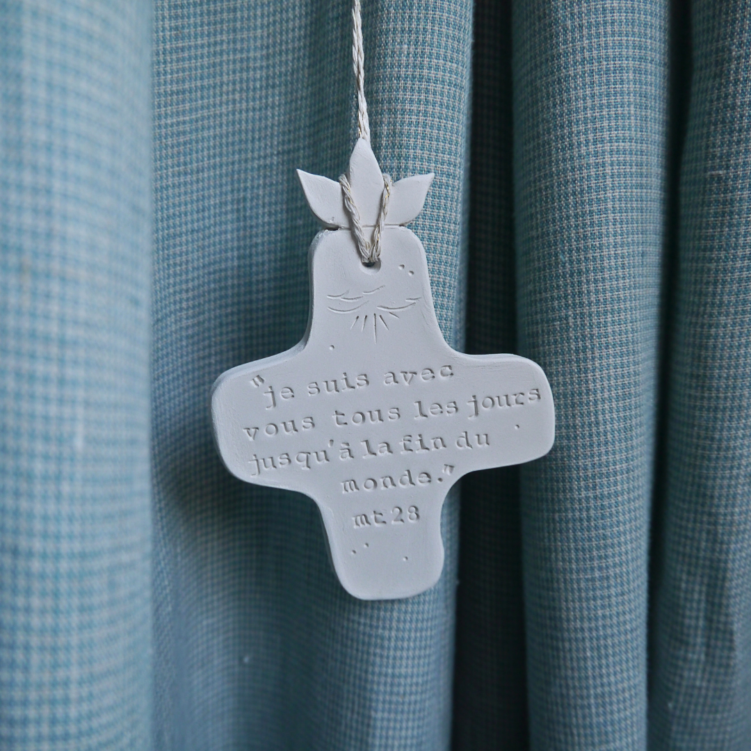 Christian ceramic wall cross, inscribed with the Word (Bible, Psalm, Gospel), prayer corner, baptism gift, communion, confirmation