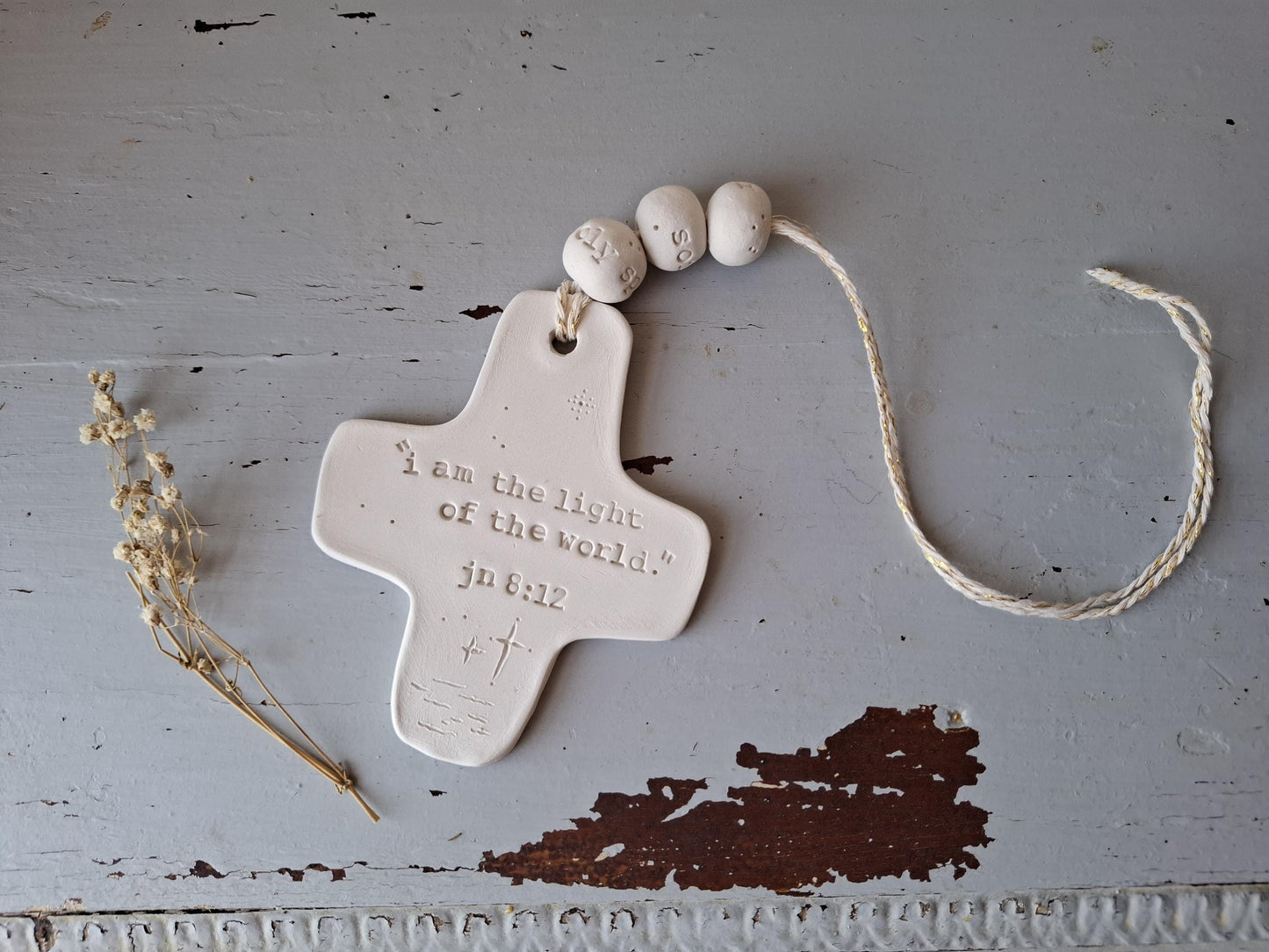 Christian ceramic wall cross, inscribed with the Word (Bible, Psalm, Gospel), prayer corner, baptism gift, communion, confirmation