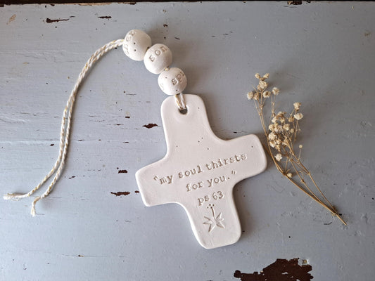 Christian ceramic wall cross, inscribed with the Word (Bible, Psalm, Gospel), prayer corner, baptism gift, communion, confirmation