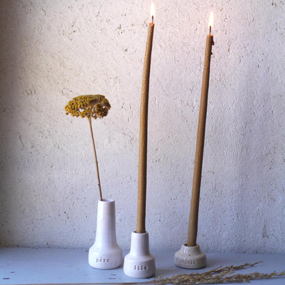 TRIO OF SACRED CANDLE HOLDERS, engraved with "father", "son", "holy spirit".