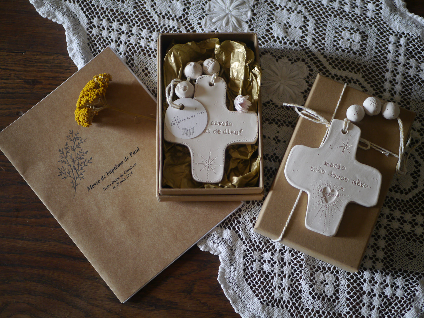 2 Duo baptism gift boxes: ceramic wall crosses for godchild and godfather/godmother