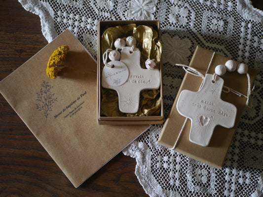 2 Duo baptism gift boxes: ceramic wall crosses for godchild and godfather/godmother