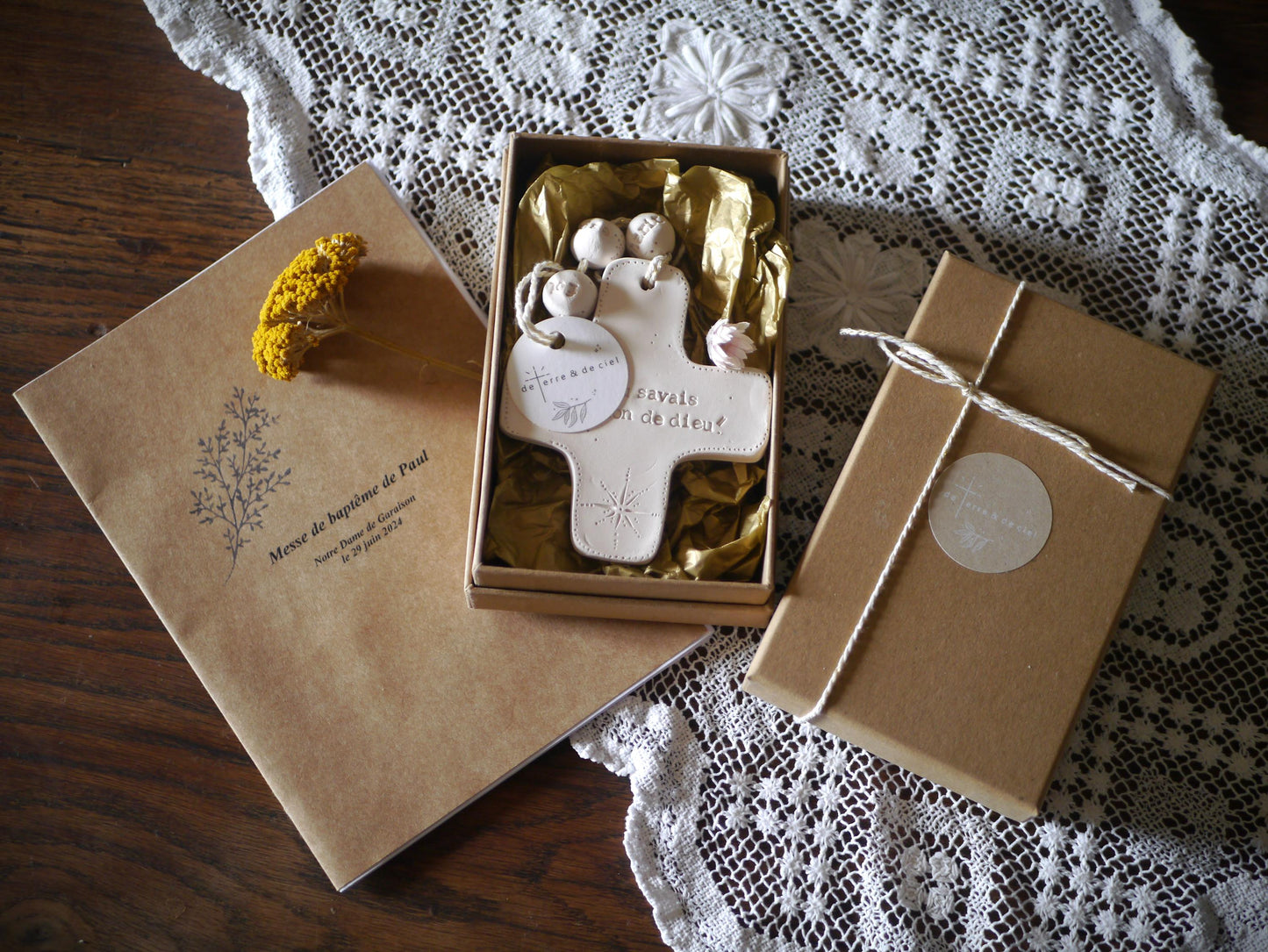 2 Duo baptism gift boxes: ceramic wall crosses for godchild and godfather/godmother