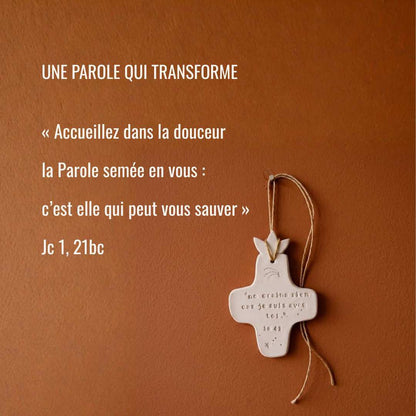 Christian ceramic wall cross, inscribed with the Word (Bible, Psalm, Gospel), prayer corner, baptism gift, communion, confirmation