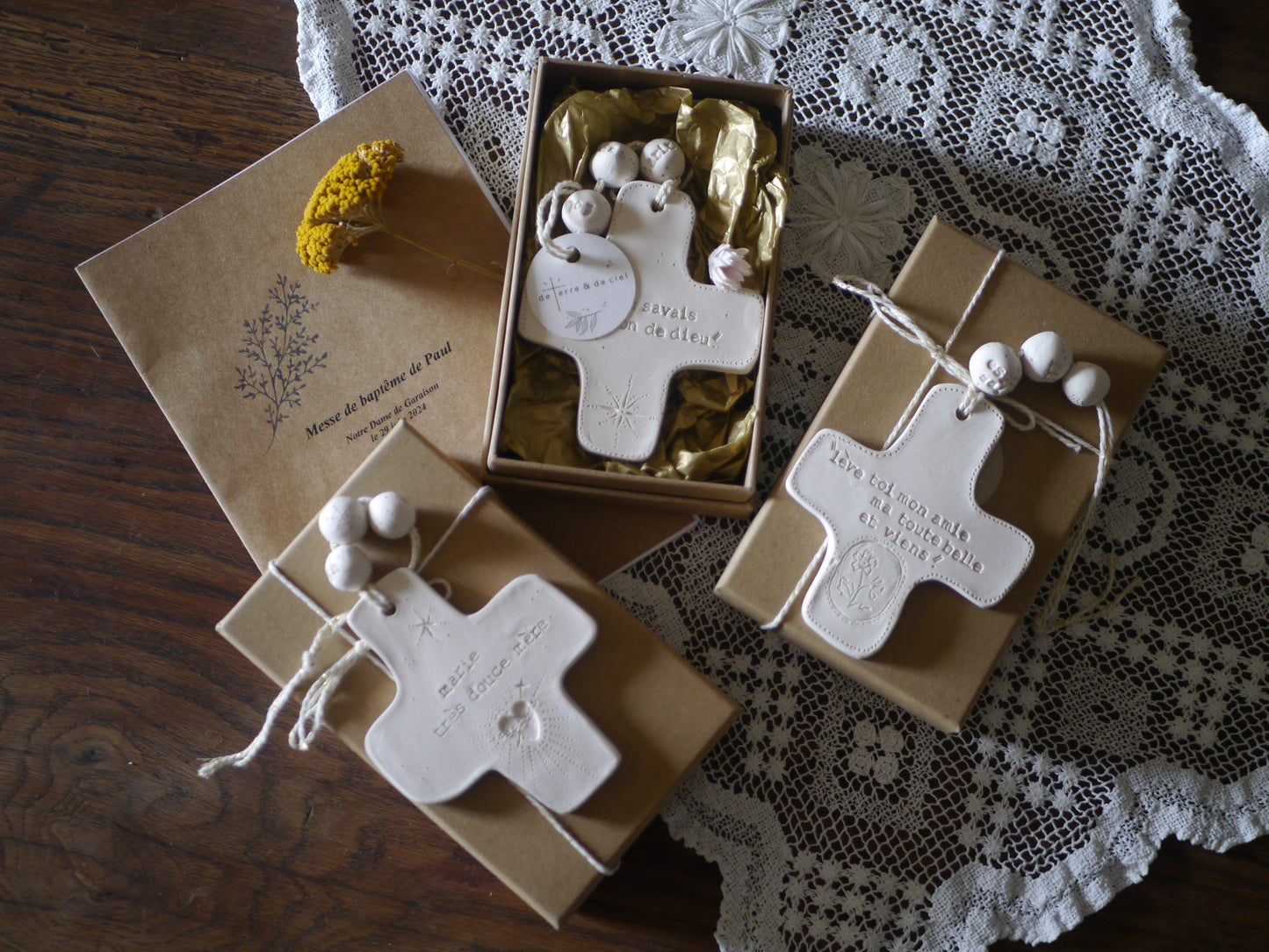 3 Baptism trio gift boxes: ceramic wall crosses for godchild, godfather, and godmother